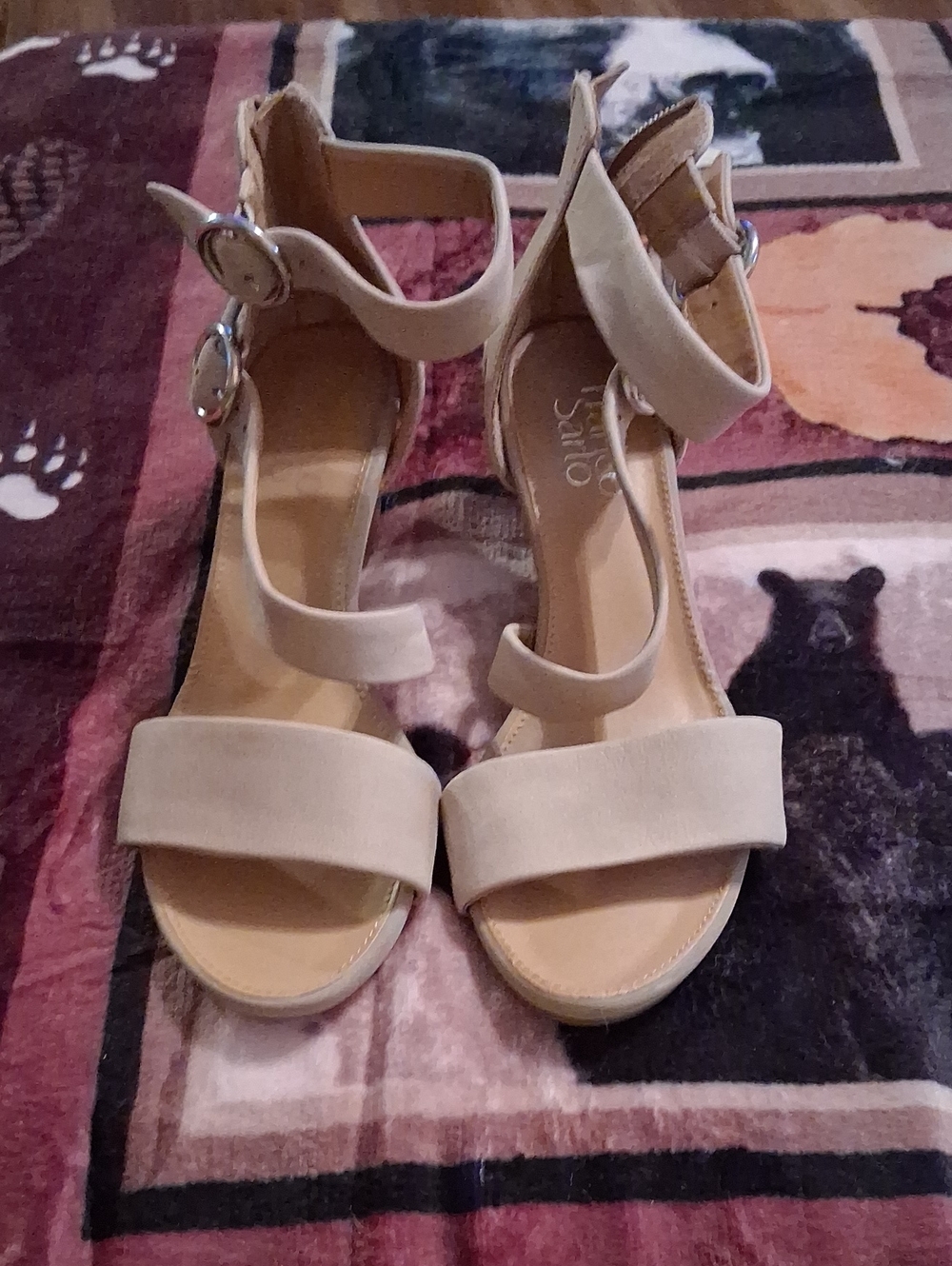 Franco Sarto Beige Ankle-Strap Block Heel Sandals